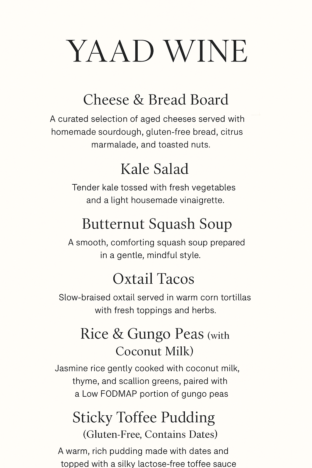 The actual launch party menu, created and executed by Taniesha and Brady