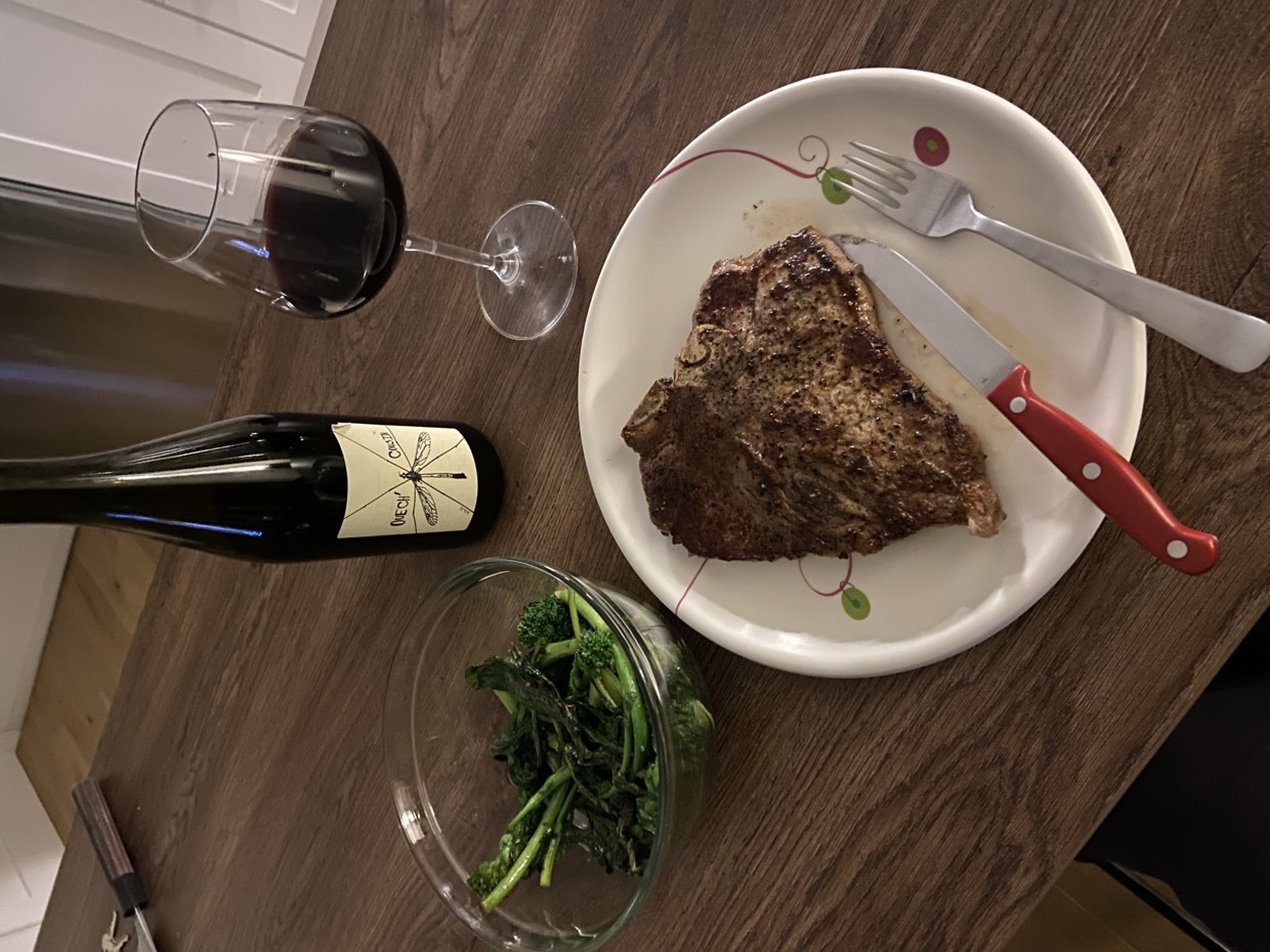 Boisairault Ouech' Cousin Grolleau poured alongside porterhouse steak and broccoli rabe